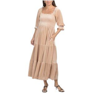 IN FEBRUARY Three-quarter Sleeve Smocked Tiered Velvet Midi Dress